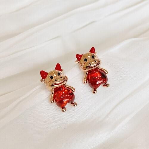 Cute Korean Red Enamel Cattle Bull Earrings for Women Mujer Gold Color Metal Animal Cow Statement Dangle Earrings Oorbellen