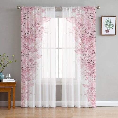 Pink Cherry Blossoms Tulle Curtains for Bedroom Home Decor Living Room Kitchen Voile Curtains for Blind Drapes