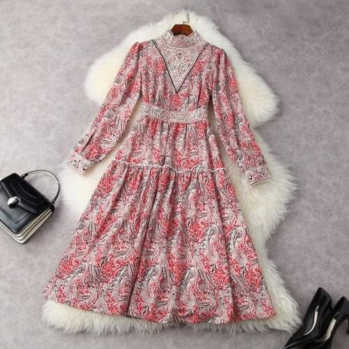 Spring 2021 New Long Sleeved Embroidery Hollowed-out Standing Collar Red Print Dress European and American Womens Clothing