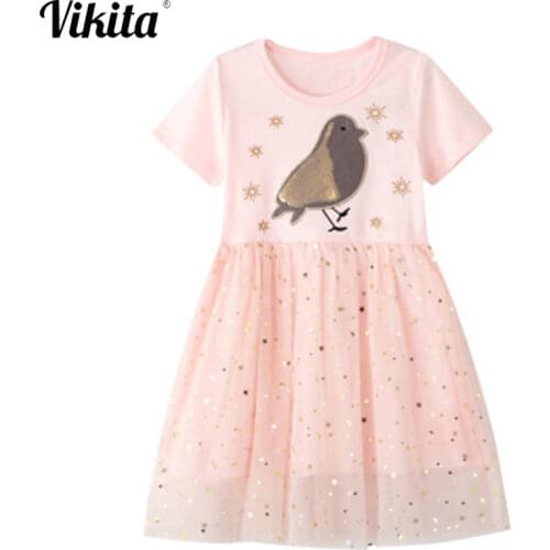 VIKITA Kids Mesh Dresses for Girls Children Embroidery Frocks Baby Girl Patchwork Summer Cartoon Clothing Kids Princess Costumes