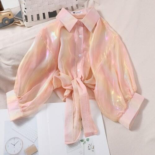 Stylish Rainbow Color Women 2021 New Half Sleeve Turn-down Collar Satin Bright Solid Loose Blouse Summer Casual Chiffon Shirts