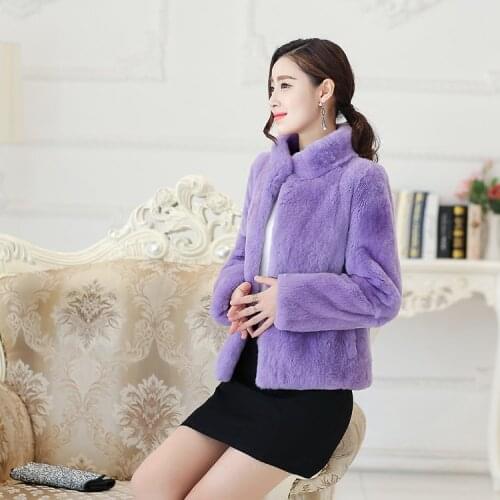 Women real natural whole skin rex Rabbit fur coat stand collar short outerwear coats 2019 winter lady long sleeved Slim clothing