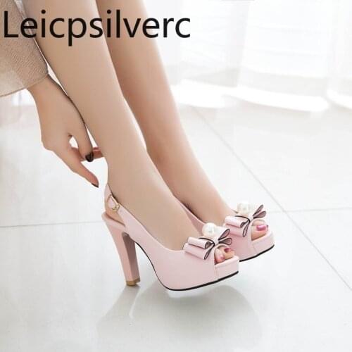 Womens Sandals summer new style Butterfly-knot Buckle fish mouth Open toe Thick heel High heel Womens shoe plus size 32-43