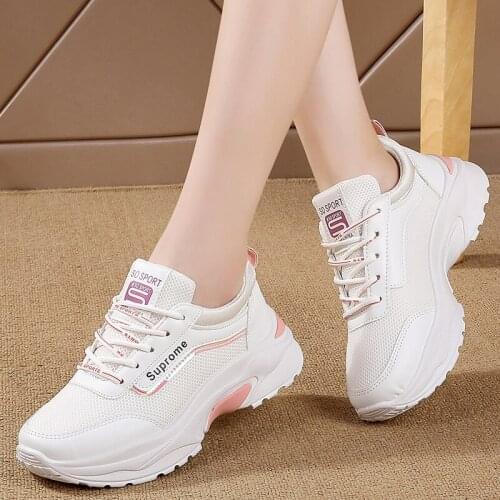 Summer Mesh Leather Splicing Breathable Women Sport Shoes Thick Bottom Ladies Platform Shoes Height Increasing 4CM Women Shoes