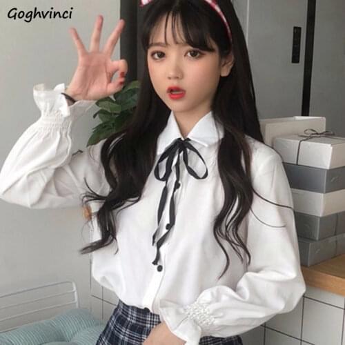 Women Blouses Turn-down Collar Flare-sleeve Bows Lace-up Solid Sweet Loose Shirts Korean Style Students Elegant Casual Chic New