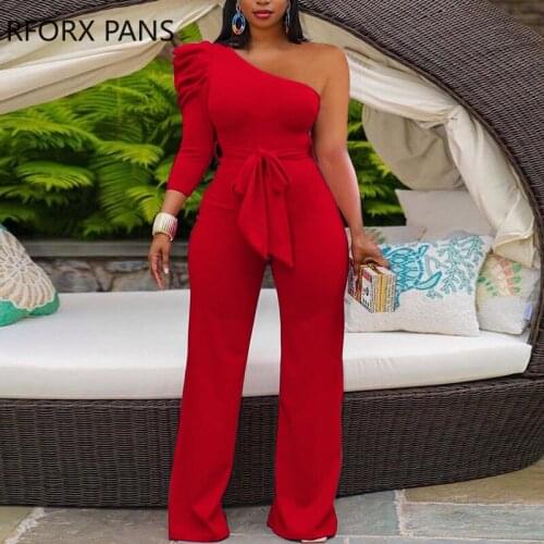 Women Solid Elegant Sashes Deep V neck One Puff Sleeves Shoulder Bodycon Jumpsuit