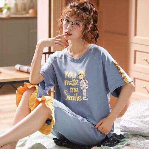 Womens Pajama Set Summer Plus Size Knit Cotton Nightwear Female Large Size 5XL Short Sleeve sleepwear Set and Homewear Pajamas