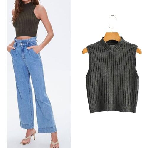 Za Women Sweater Vest Fashion 2021 Knitted Cotton Solid Sleeveless Sweaters Turtleneck Short Pullovers Tank Tops