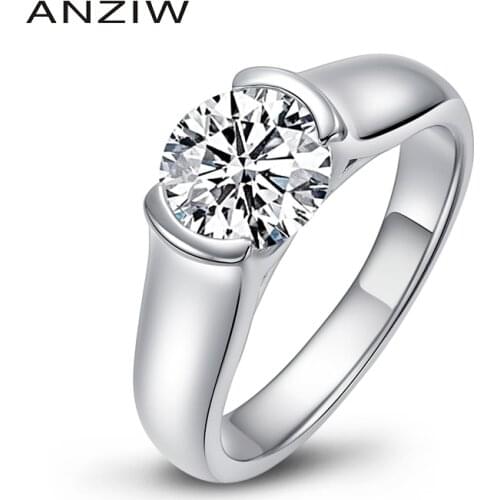 Anziw 2 Carats Real Moissanite Wedding Rings For Women 925 Sterling Silver Round Center Stone Diamond Ring Fine Jewelry Gift