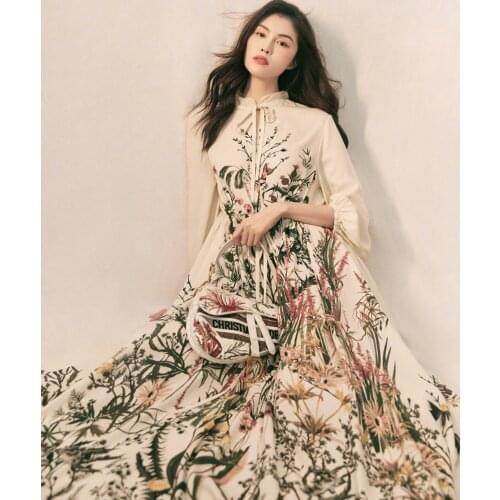 Runway Celebrity Fall Painting Floral Long Sleeve Maxi Dress Women Fashion French Tea Printing Vestidos Female