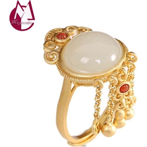 Inlaid Hetian Jade Tassel Adjustable Finger Ring Real 925 Sterling Silver Fashion Vintage Jewelry Women 2021 Free Shipping R27