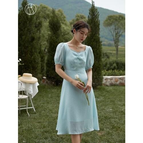 DUSHU Office Lady Womens Textured Square Neck Chiffon Dress 2021 Summer New Blue French First Love Dress For Women