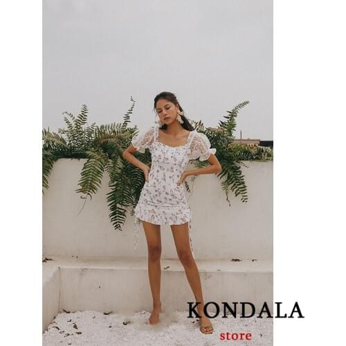 KONDALA Women Summer Dress Za 2021 Folds Trim Floral Printed Net Yarn Waist Slim Mini DressVintage Mujer Vestidos