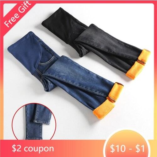 Golden Velvet Jeans Maternity Leggings Pants For Pregnant Women Clothes Stretch Thicken Trousers Warm Skinny Denim Jeans