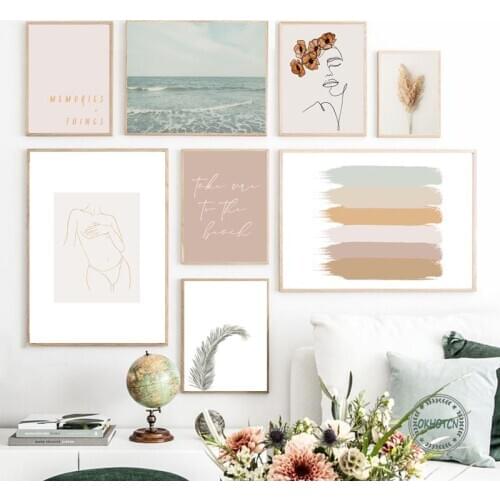 Korean Style Still Life Canvas Painting Abstract Beach Sexy Woman Plant Leaf Reed Decorative Posters Wall Art Sun Letter Picture