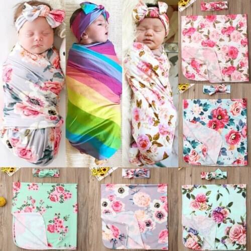 Toddler Newborn Infant Baby Girl Floral Blanket Swaddle Sleeping Sack Wrap Headband Photoprop