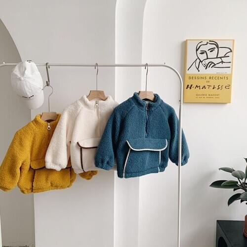 Winter Velvet Warm Lining Kids Pullover Loose Casual Girls Sweatshirts Big Pocket Street Style Children Top Clothing 12M-6T