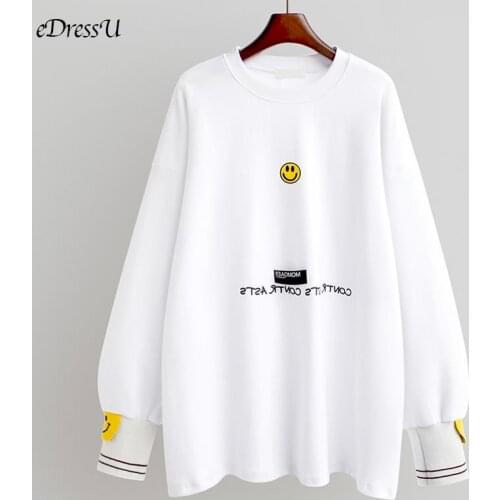 EDressU Woman Loose Tops Long Sleeve T-Shirt Oversize Casual Tees Jumper White Basic Pullover Daily Outwear XMM-861