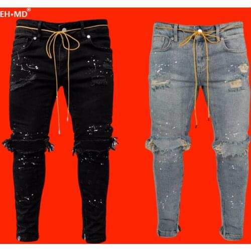 EH·MD® Big Hole Jeans Mens Scratched Feet Zipper Trousers Cotton Elastic Waist Thread Splashing White Paint Slim High-end 2021