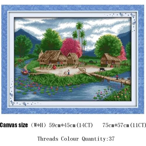 HUACAN Cross Stitch Lake Kits DIY Gift Home Decoration Sets Patterns White Canvas Embroidery Spring Needlework 11CT 14CT