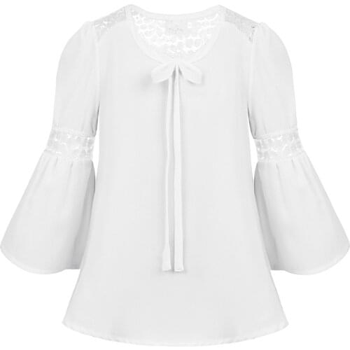 Fashion Chiffon Blouse Shirt for Kids Girls Bell Sleeves Lace Splice Top Blouse with Bowtie for Casual Spring Summer Autumn