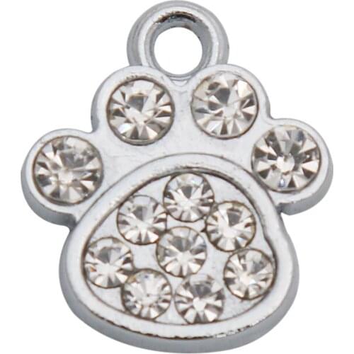 RAINXTAR Fashion Rhodium Color Dog Paw Shape Alloy Charms With Clear Rhinestones For Kids Gifts 15*18mm 50pcs AAC1918