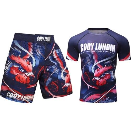 Custom 3d custom printed mens long sleeve BJJ MMA rash guard mens compression tights t shirt + shorts set