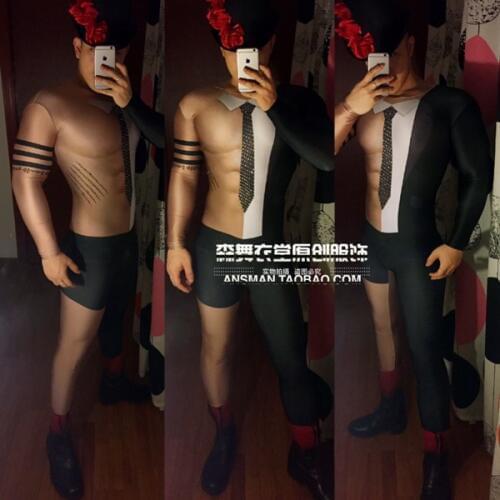 New Personality Mens Jumpsuit 3d Fake Muscle Unilateral Suit Printing Bar Nightclub Male Singer Ds Theme Party Fashion Costume