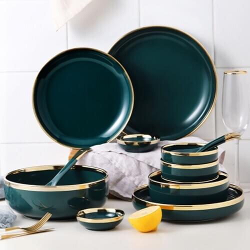 European Style Tableware Set Plate Bowl and Spoon Combination Dark Green Household Dish Steak Pasta Plate Rice and Soup Bowl Set