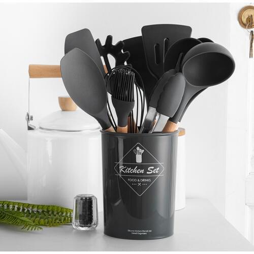 9/11/12PCS Silicone Cooking Utensils Set Non-stick Spatula Shovel Wooden Handle Cooking Tools Set With Storage Box Kitchen Tools