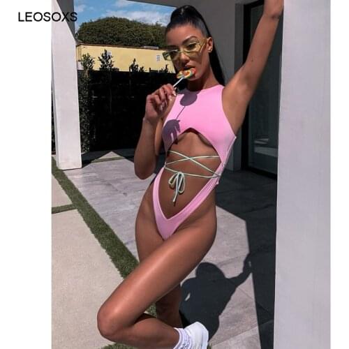 Stroje Kapielowe Damskie 2021 New Bikini One-piece Swimsuit Ladies Sexy Hollow Strap Pink Solid Color Bikini