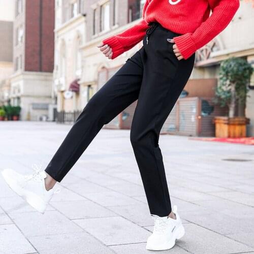 Fashion Summer Women Plus Size Loose Worke Trousers Casual Elastic Waist Plain High-Rise Slim Leg Tapered Cropped Pants Ladies