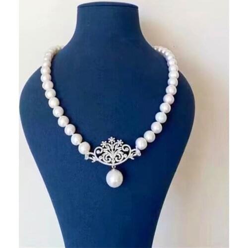 Freshwater pearl white near round 8-9mm ZIRCON pendant necklace nature beads wholesale 19inch FPPJ strand