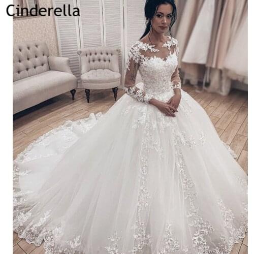 Luxury Wedding Dresses 2021 Long Sleeves Scoop A-Line Tulle Lace Applique Wedding Dresses With Lace Up Back vestido de noiva