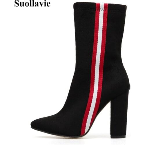 Suollavie Sexy Knight Boots Shoes for Women Winter femmes bottes Zipper Mid-Calf zapatos de mujer Flock Chunky heel Ladies botas