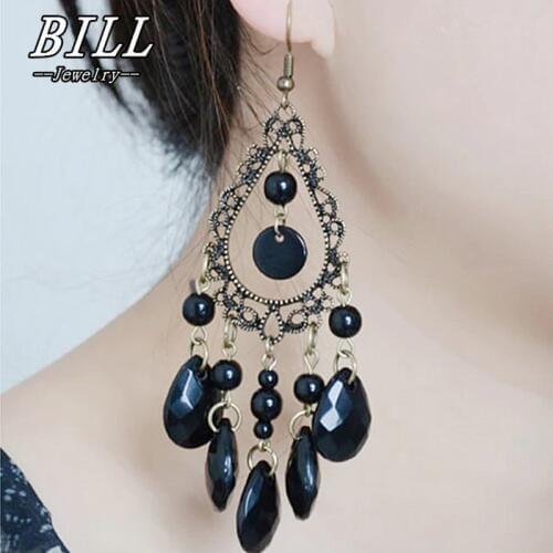 Retro Fashion Hollow Tassel Earrings Long Big Hanging Luxury Vintage Black Water Drop Pendant Earring With Stone For Women