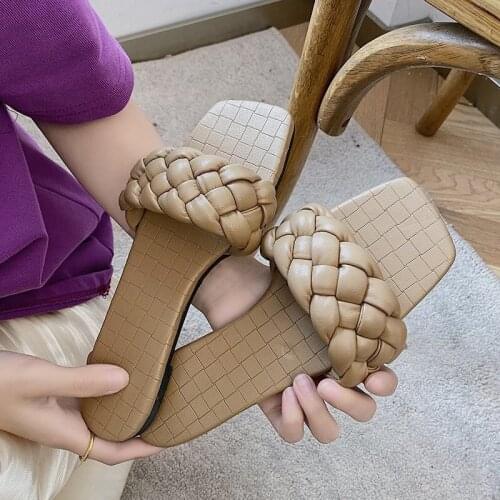 2021 New Weave Leather Women Slippers Barefoot Sandal Open Toe Flat Square Heel Slides Summer Female Flip Flops