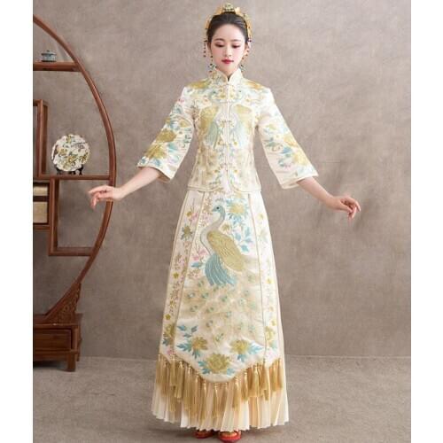 Oriental StyleBride Champagne Red Modern Chinese Wedding Dress Long Traditional Clothes China Qipao китайская одежда