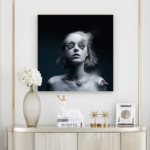 Modern Creative Portrait Art Posters and Prints Wall Art Canvas Painting Girl with Cicada Pictures for Living Room Cuadors Decor