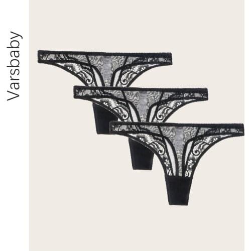 Varsbaby Women Sexy Lace Lingerie Low-waist Thong Panties Female Hollow Underwear Transparent lace G String