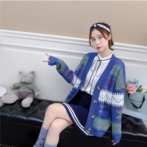 Real Lazy Wind Sweater Loose Coat 2019 New Pattern Korean Easy School V Lead Knitting Unlined Upper Garment Cardigan