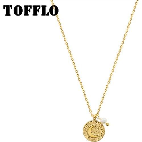 TOFFLO Stainless Steel Jewelry Romantic Moon Round Pendant Freshwater Pearl Necklace Elegant Female Clavicle Chain BSP920