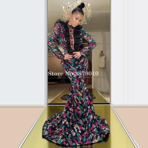 2020 Glittery Sequins Long Sleeves Evening Dress Mermaid Full-Length Formal Dress Robe De Soiree Aibye Vestido de festa Dubai