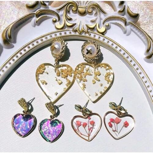 Japan and South Korea resin glue dry flower hearts unique silver earring color flowers sweet girl joker elegant earrings
