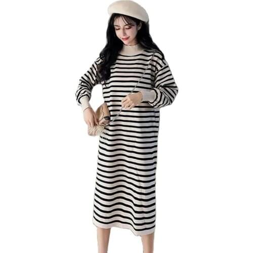 Autumn And Winter Womens Clothing 2021 Half High Neck Knitted Dress New Style Korean Fashion Split Stripe Bottoming Dress