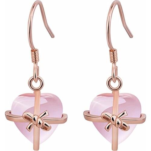 Chic Pink Quartz Gemstones Crystal Hearts Drop Earrings for Women 18k Rose Gold Filled Jewelry Brincos Trendy Accessories Gifts