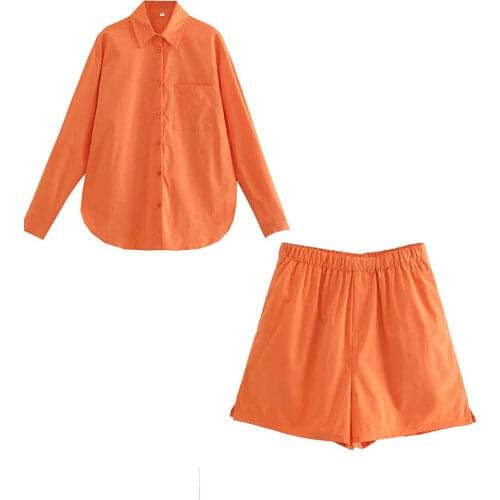 Nlzgmsj Za Women 2021 Autumn France Style Woman Shorts Set Printed 2 Piece Sets Ornage Shirts + Loose Shorts Sets Female 202107