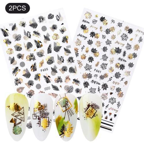 Laser Gold Silver 3D Nail Stickers Holographics Leaf Tree Design Transfer Sticker Nail Art Decal Decoration Black White Slider