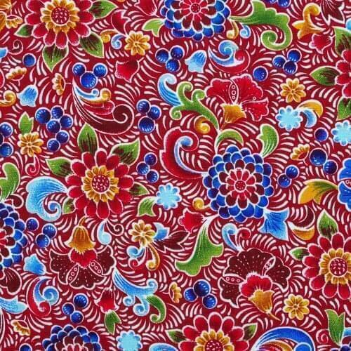 1 Yard Cotton Poplin Fabric for Sewing Patchwork, Dress, Cloth - Flowers on Red (width=140cm)