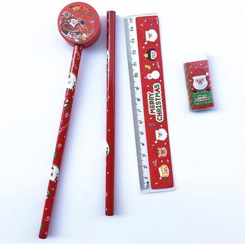 10sets Cartoon Christmas Stationery Set Cute Merry Christmas Pencil Sharpener Ruler Eraser Kawaii School Supplies Kids Gift Set